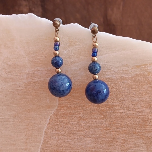 Blue Beaded Gold Toned Dangle Earrings - Picture 1 of 5